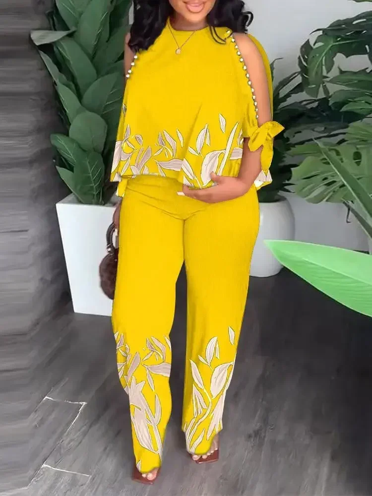 2 قطعة مجموعات النساء الزي 2023 الصيف أنيقة 3/4 كم س الرقبة البوليستر أعلى عارضة مستقيم السراويل الملابس الأفريقية للنساء