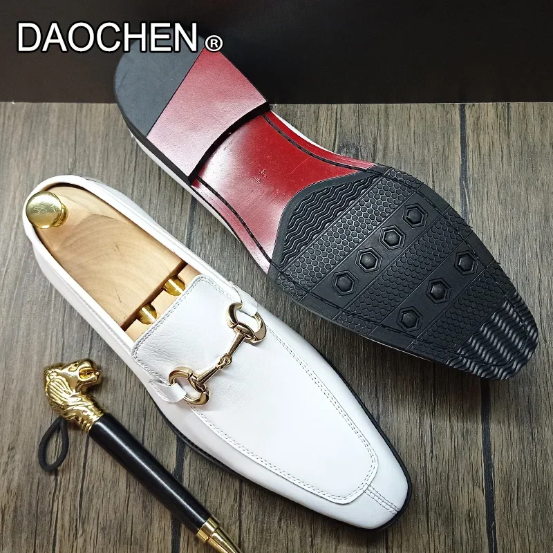 LUXURY BRAND MEN LEATHER SHOES BLACK WHITE MEN DRESS CASUAL SHOES SLIP ON WEDDING OFFICE SUMMER HORSEBIT LOAFERS FOR MEN