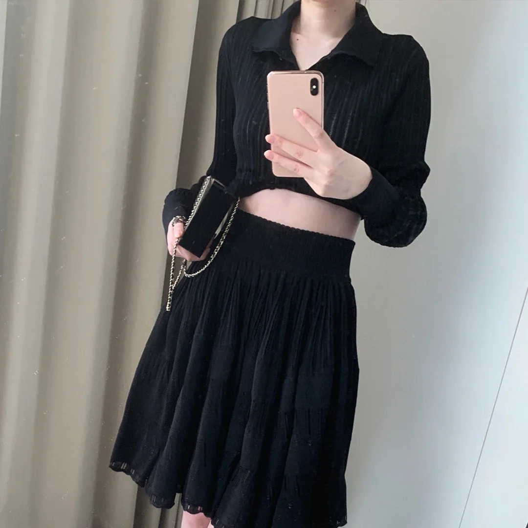 

NIGO Women's Spring, Autumn and Winter Striped High Neck Short Fitted Knitted Cardigan Elastic Waist Short Skirt Ngvp #nigo8755