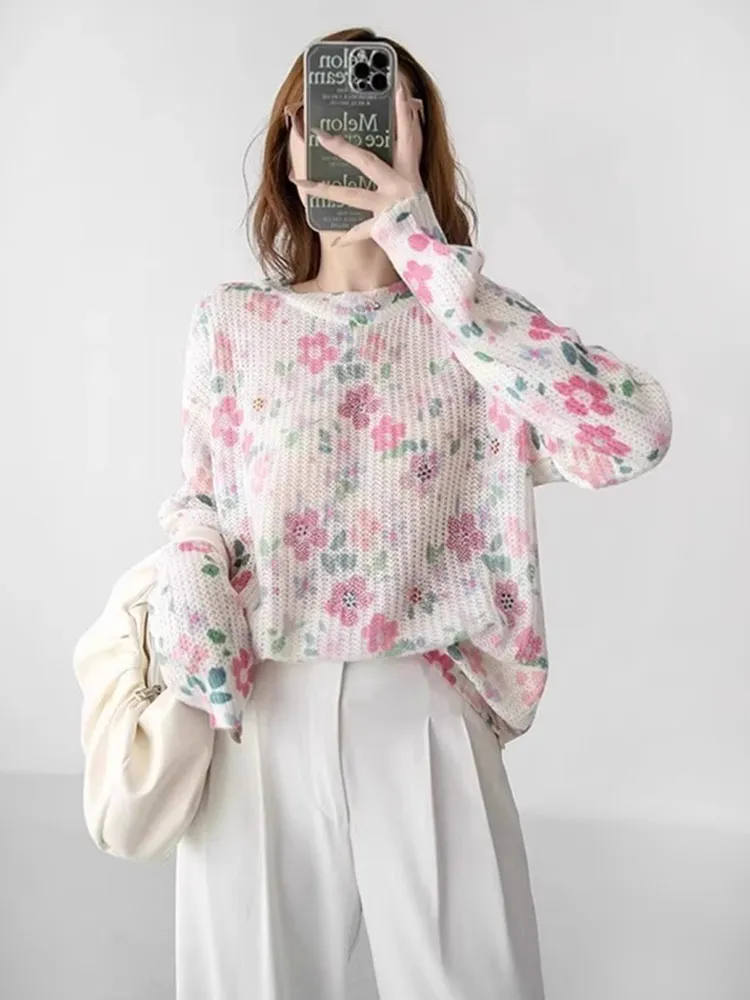 

Early Autumn Pink Rhinestone Flower Knitwear round Ne Overhead Top Faion Inner Wear Slimming Base irt Anti-Aging
