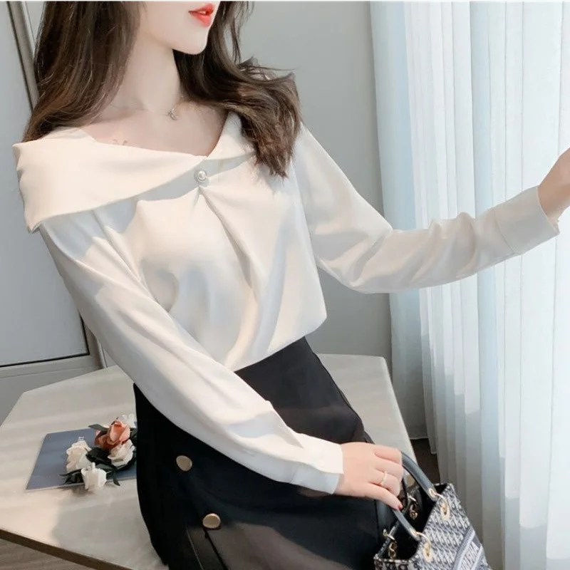 2024 New Summer Elegant Fashion Solid Color Retro Korean Style Women\'s Shirt Loose Casual Office Lady V Neck Long Sleeve Tops