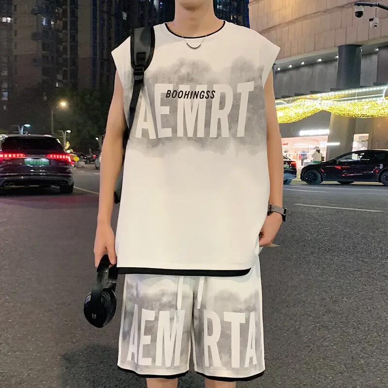 

Спортивные костюмы для мужчин: летний комплект из майки и шорт, мужской набор без рукавов, комплект из двух предметов, сетчатый вентилируемый спортивный костюм, свободный мужской костюм.