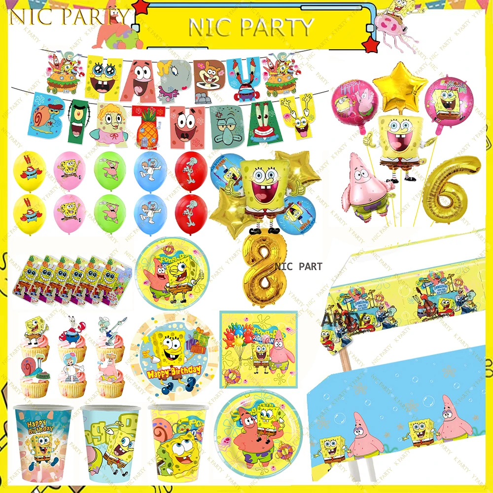 Sponge-Bobs Theme Cartoon Birthday Balloon Party Decoration Plate Cups Napkin Topper Tablecloth Kids Birthday Banner Baby Shower