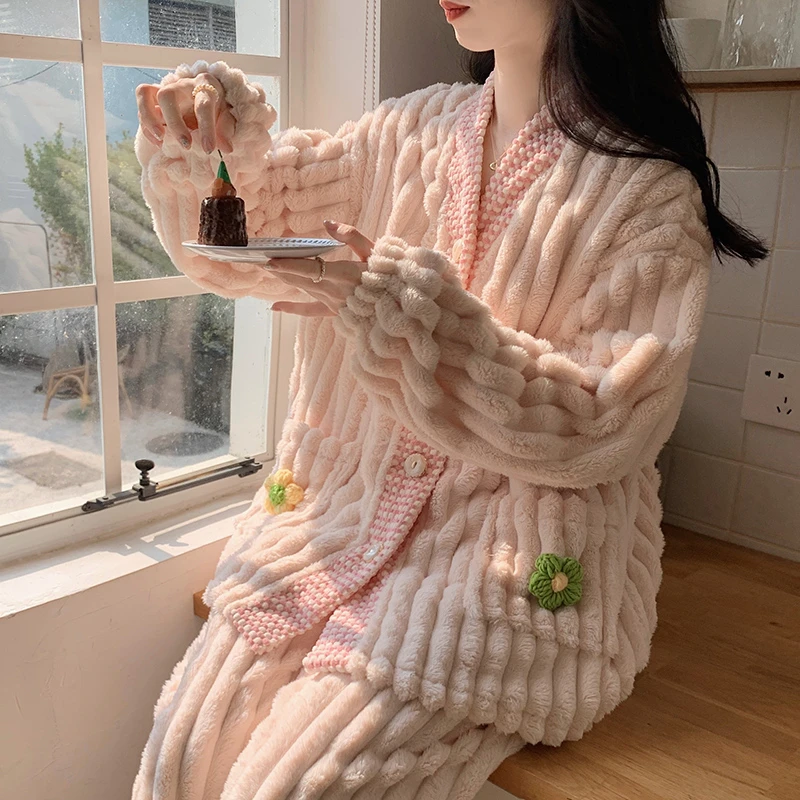 Ladies Pyjama Women Winter Flannel Pajama Set Fleece Pajamas Sleepwear Thick Warm Velvet Female Homewear Suit Cute Sweet Pijama