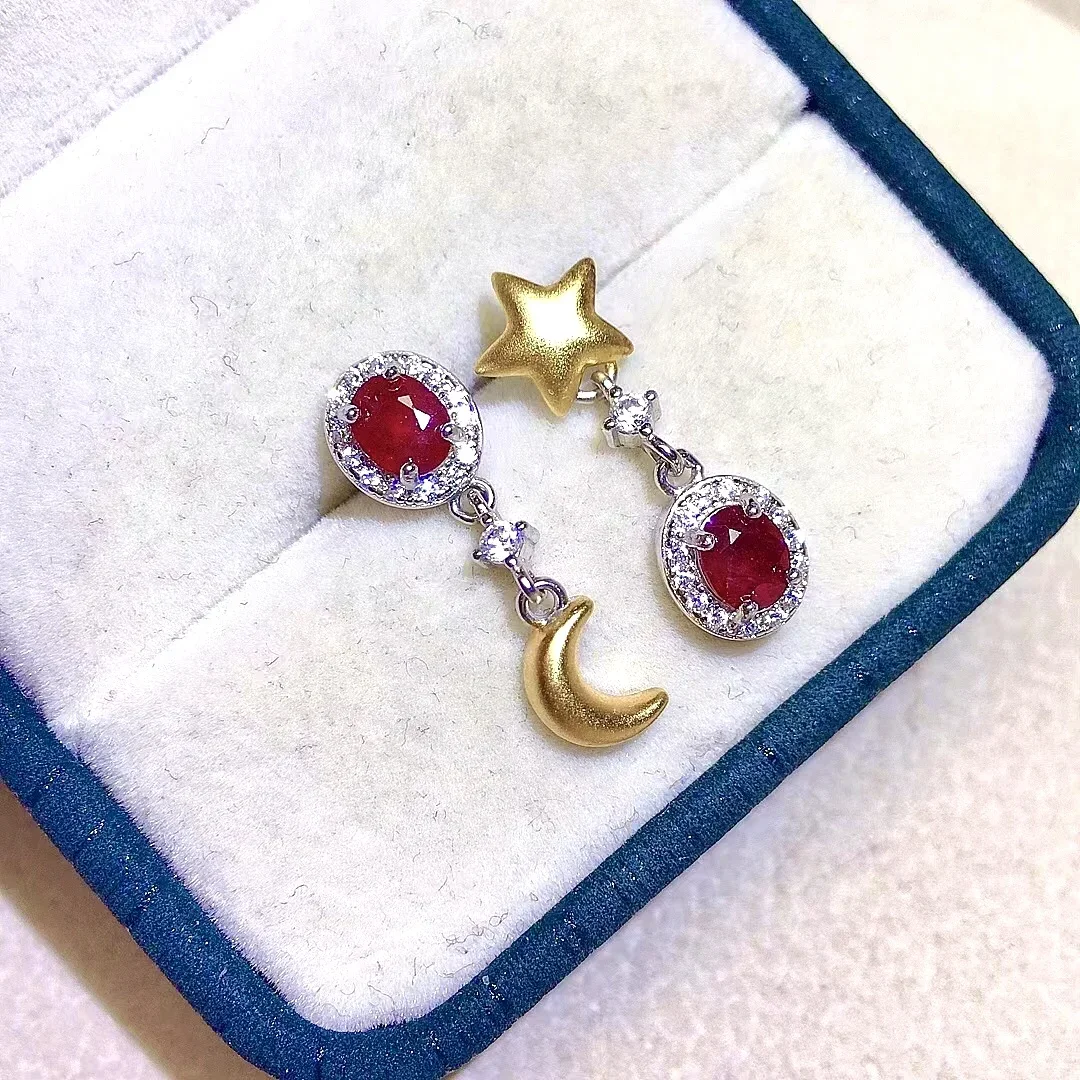 

Fashion Silver Moon and Star Drop Earrings for Party 4mm*5mm 100% Natural Ruby Eardrop Solid 925 Silver Ruby Dangle