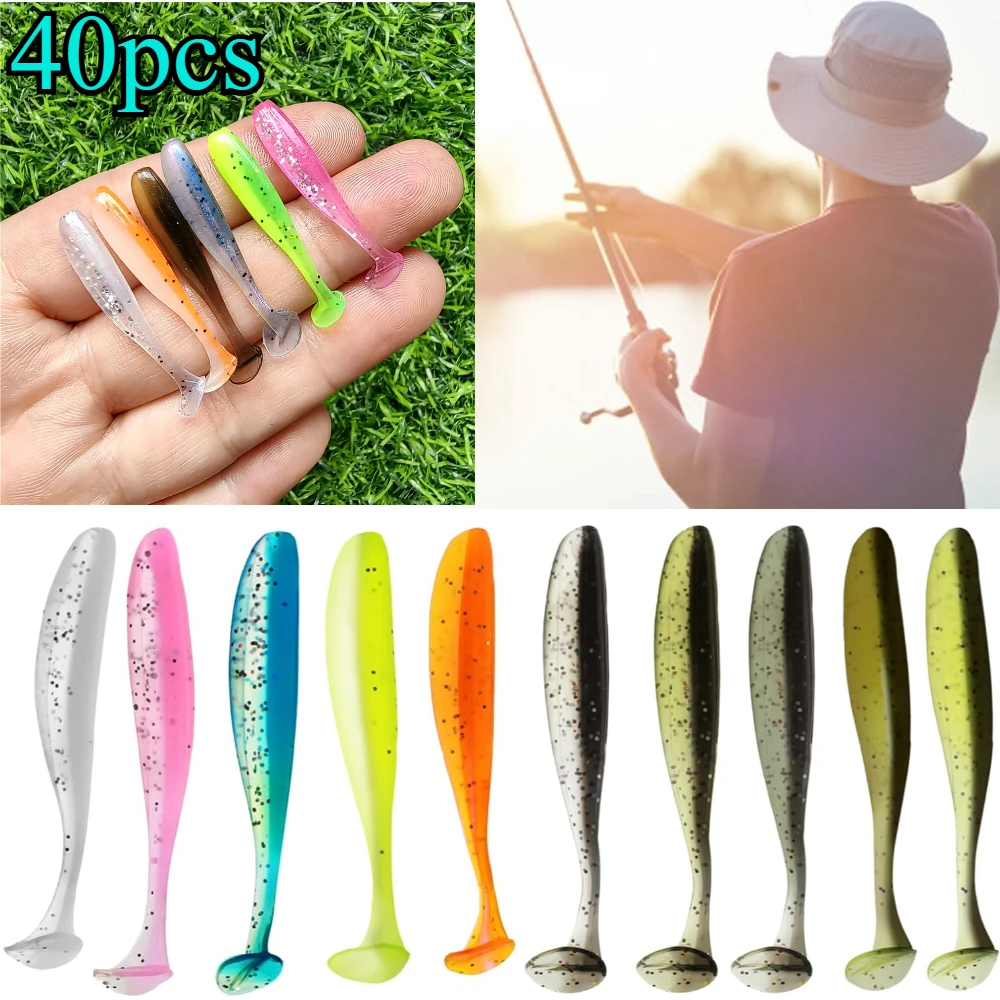 40pcs Micro Soft Fishing Lures 40mm/0.5g T-tail Worm Lure Small Artificial Bait Jig Wobblers for Bass and Pike Fishing Tackle