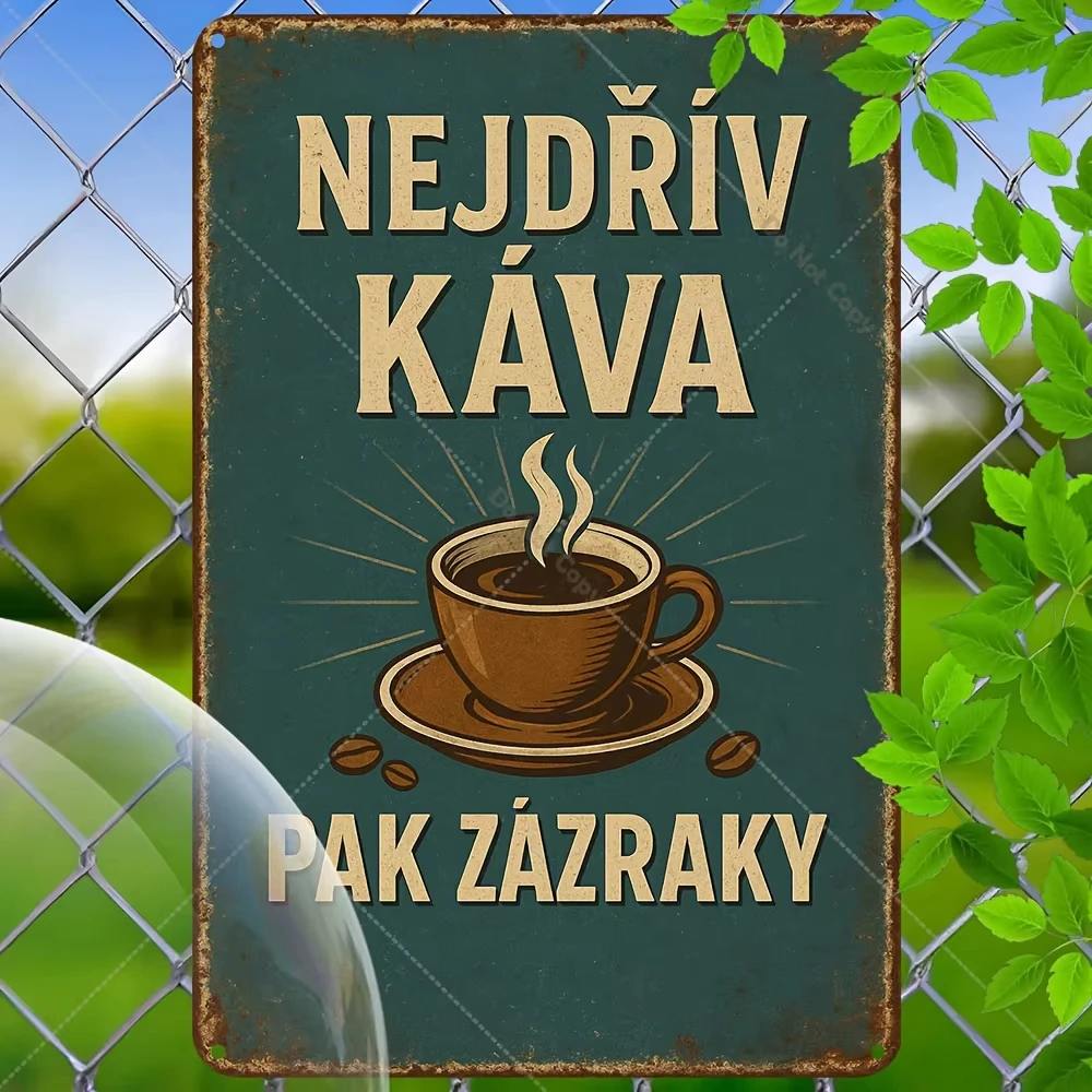 2D Flat Vintage Czech Metal Sign, Funny Coffee Quote Dark Green & Brown Retro Wall Decor For Cafe