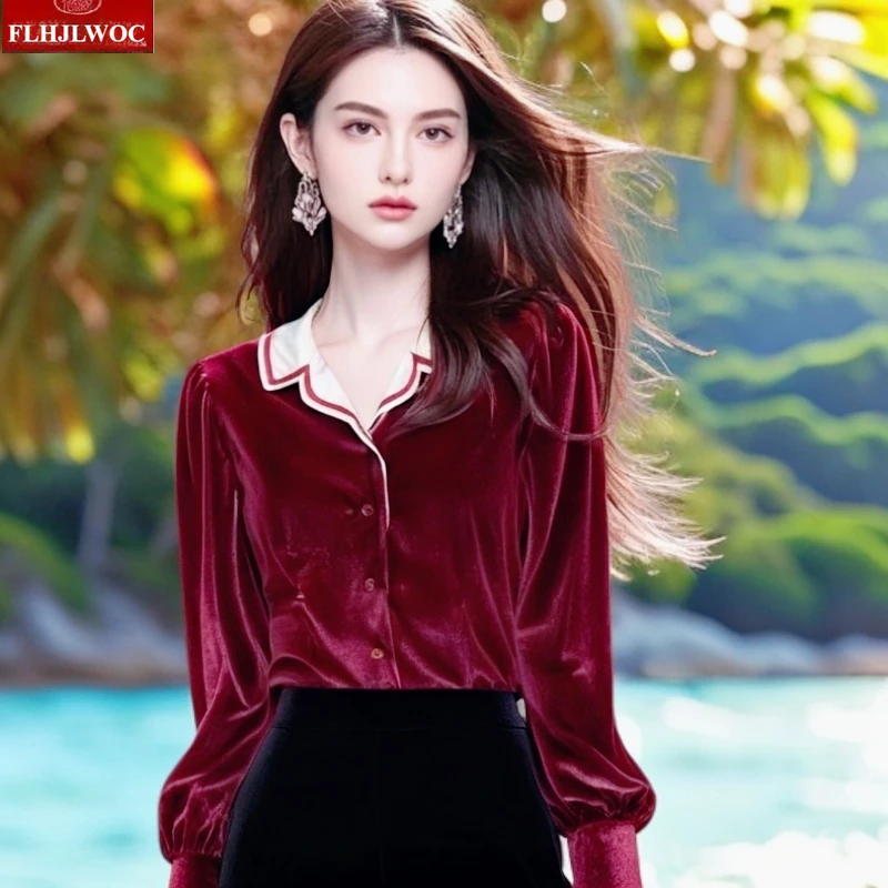 

New Year Christmas Red Velvet Tops Blouses Woman Autumn Winter Basic Elegant Lady V Neck Retro Vintage Top Cardigans Shirt