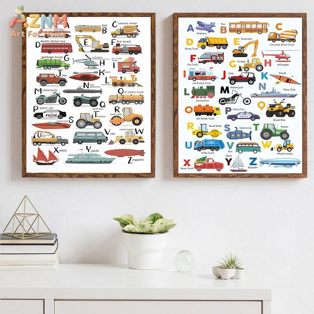 AZNM Kids Alphabet Vehicle Canvas Wall Art Cartoon Transport ABC Educational Print Frameless Canvas Painting Playroom Nursery Ho
