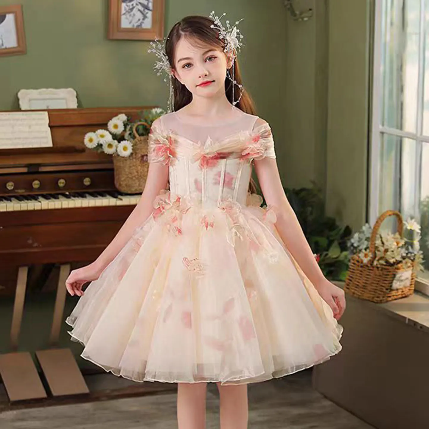 Jill Wish Elegant Champagne Flower Girl Dress Floral Princess Children Dubai Wedding Birthday Party Gowns vestidos de novia J345