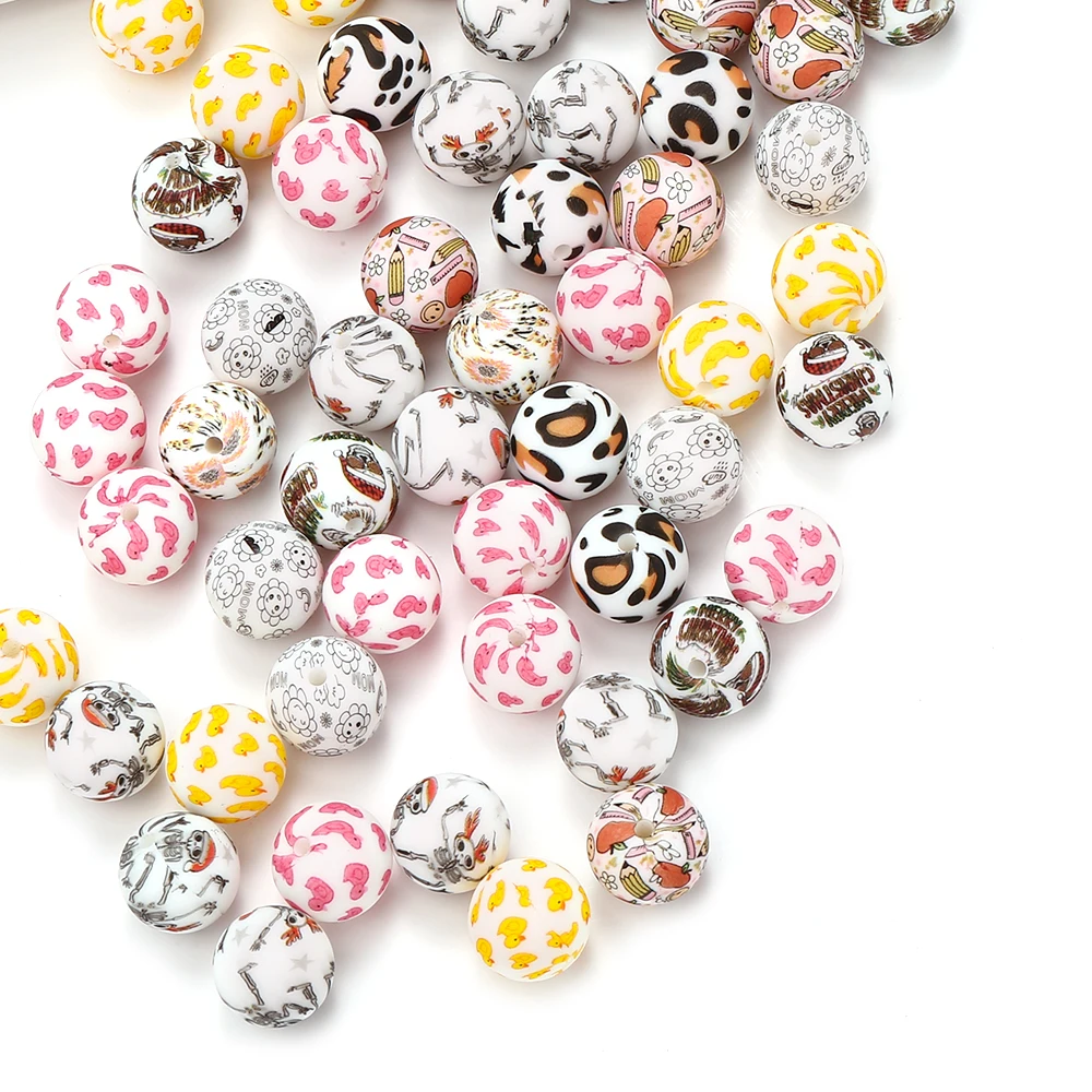 

50Pcs Silicone Printed Beads Sunflower Print Design Beads Baby Teether ChewableTeething Bead for Handmade Pacifier Chain