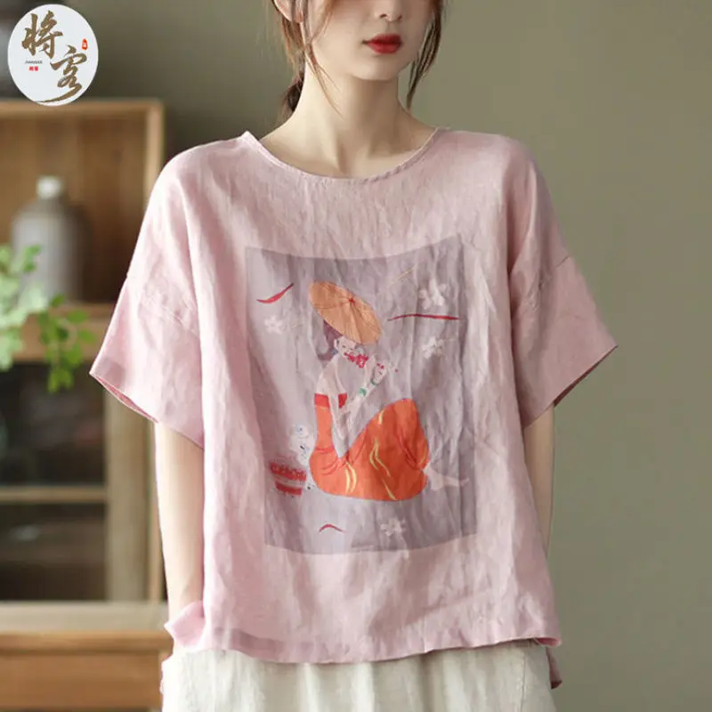 Women Summer Elegant Loose Printing Fashion Cotton and Linen O-neck Short Sleeve T-Shirt Women Clothes Trend All-match Thin Tops