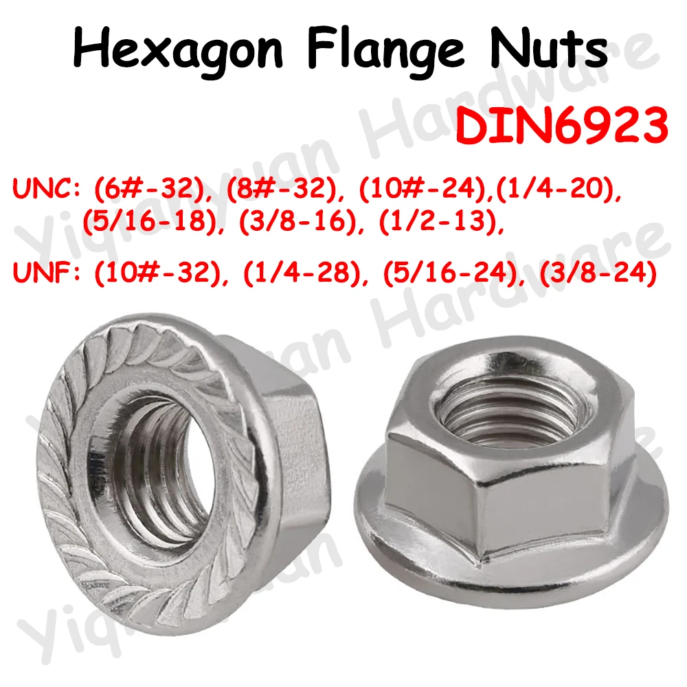 Rosca DIN6923 UNC UNF # 6 # 8 # 10 1/4 5/16 3/8 1/2 Tuercas hexagonales de acero inoxidable SUS304 con brida dentada Loc dentado automático