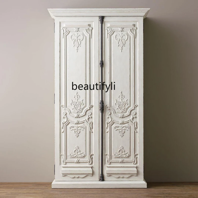 French American Retro Wood Carving Double-Door Closet European High-End Luxury Adult Antique White Four-Door Locker