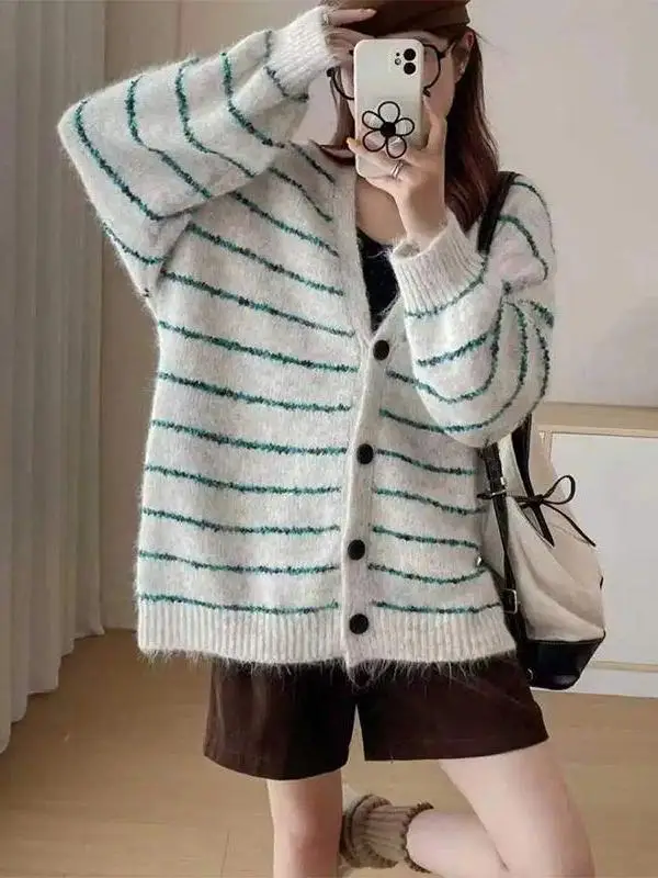 

Autumn Winter Loose Versatile Retro Striped Knitted V-Ne Open Cardigan Design Lazy Sweater Jaet Top Casual Sle