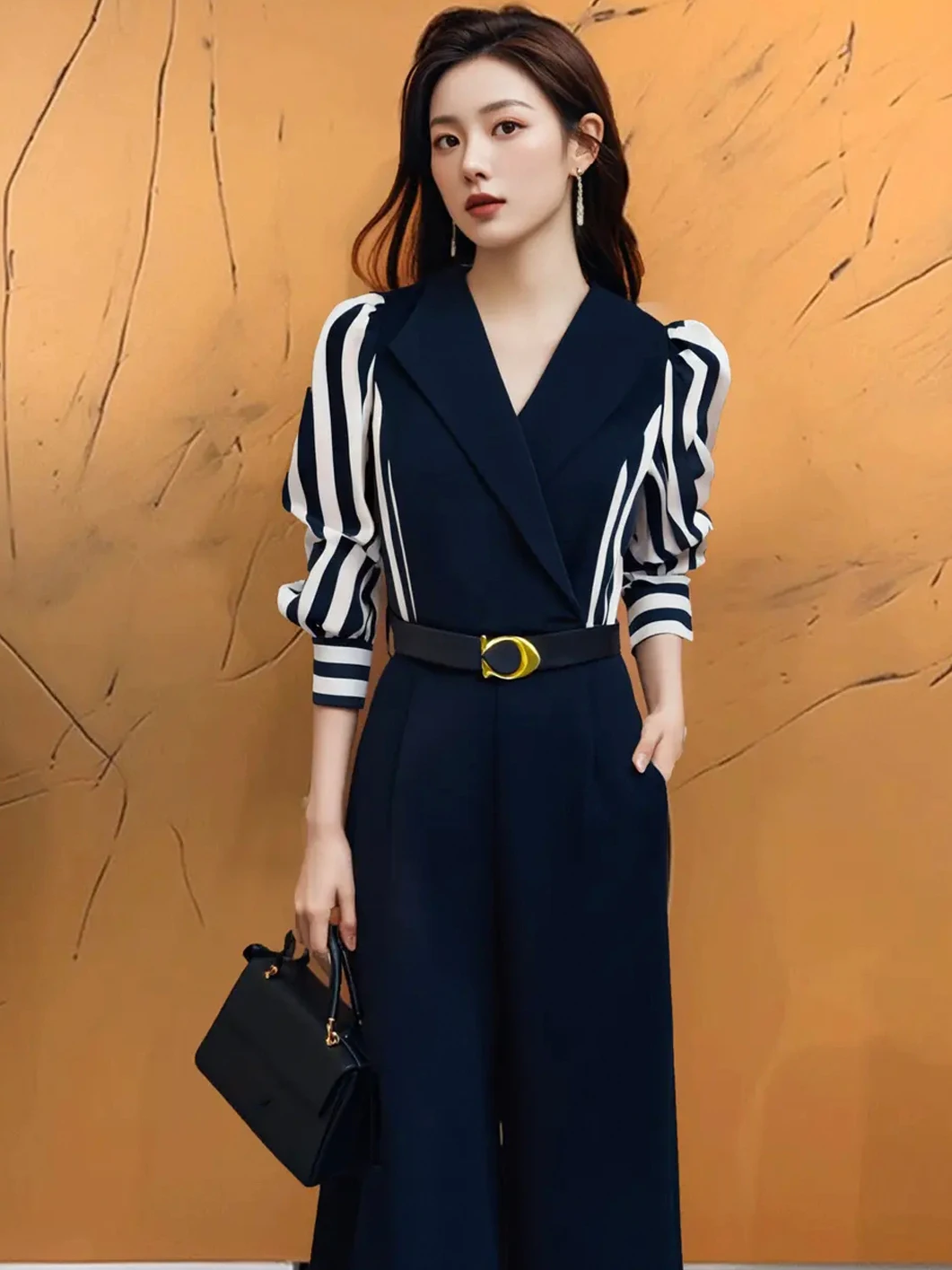 Ele Tuta a gamba larga a vita alta da donna Faion Patchwork a righe Abito intero Autunno Nuovo arrivo Premium Feeling