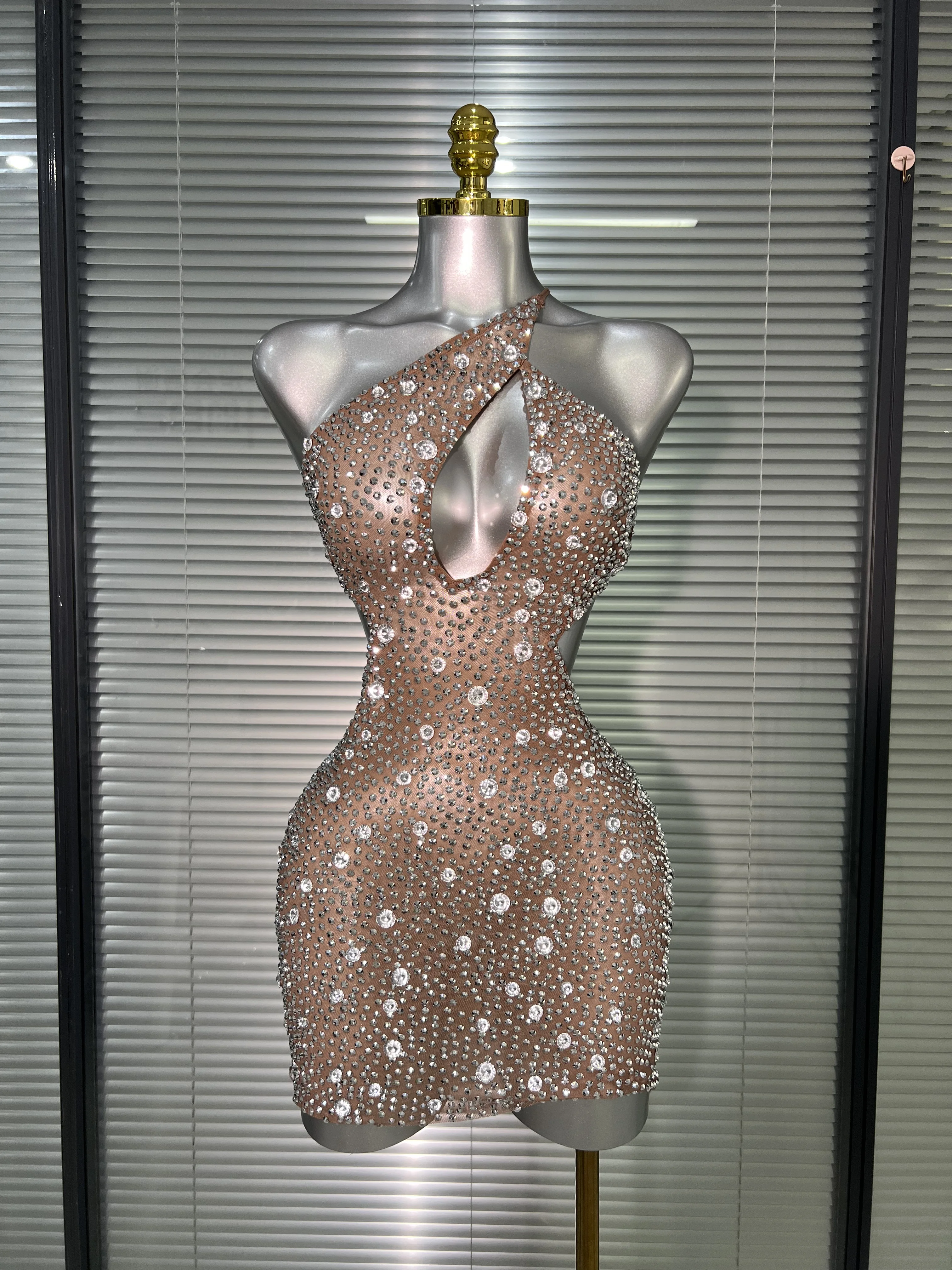 

New Women Sexy One Shoulder Mesh Sheer Crystal Rhinestones Stage Costume Stage Dancer Night Club Mini Party Dress