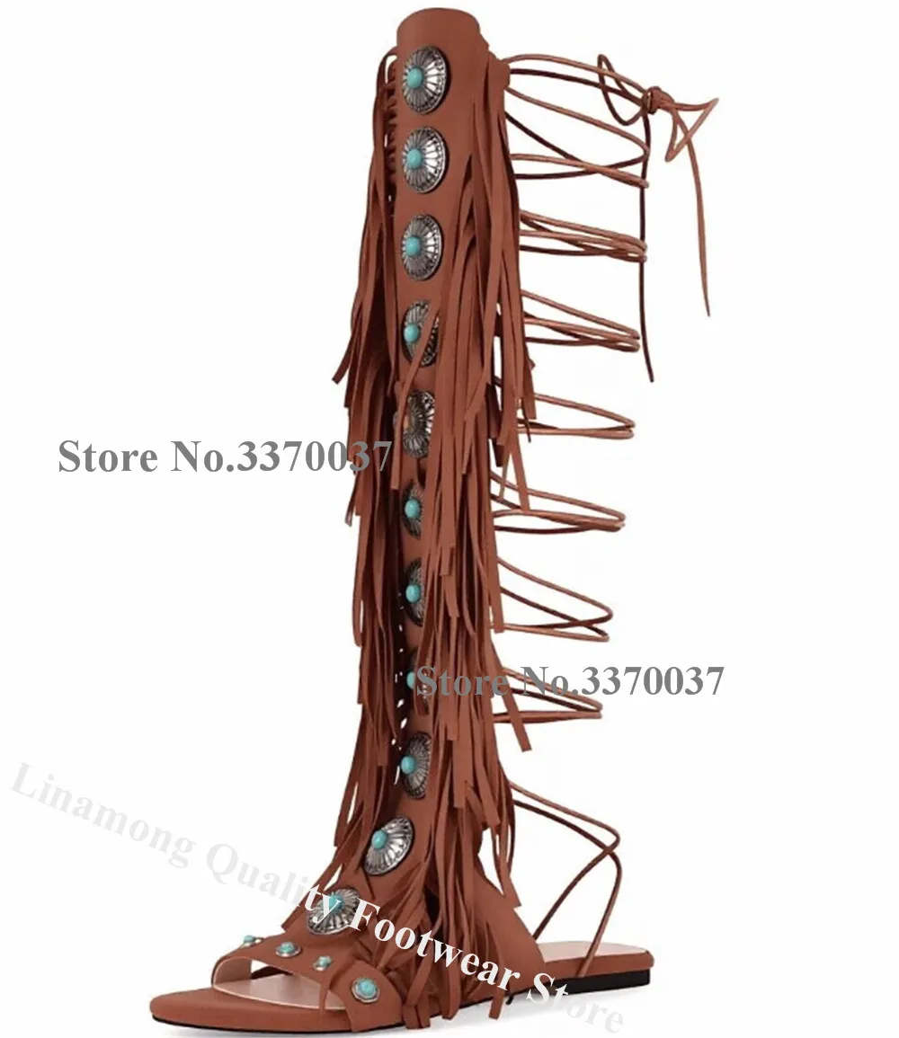 Linamong Red Brown Black Suede Tassels Rhinestones Flat Gladiator Boots Open Toe Lace-up Fringes Long Sandals view 5