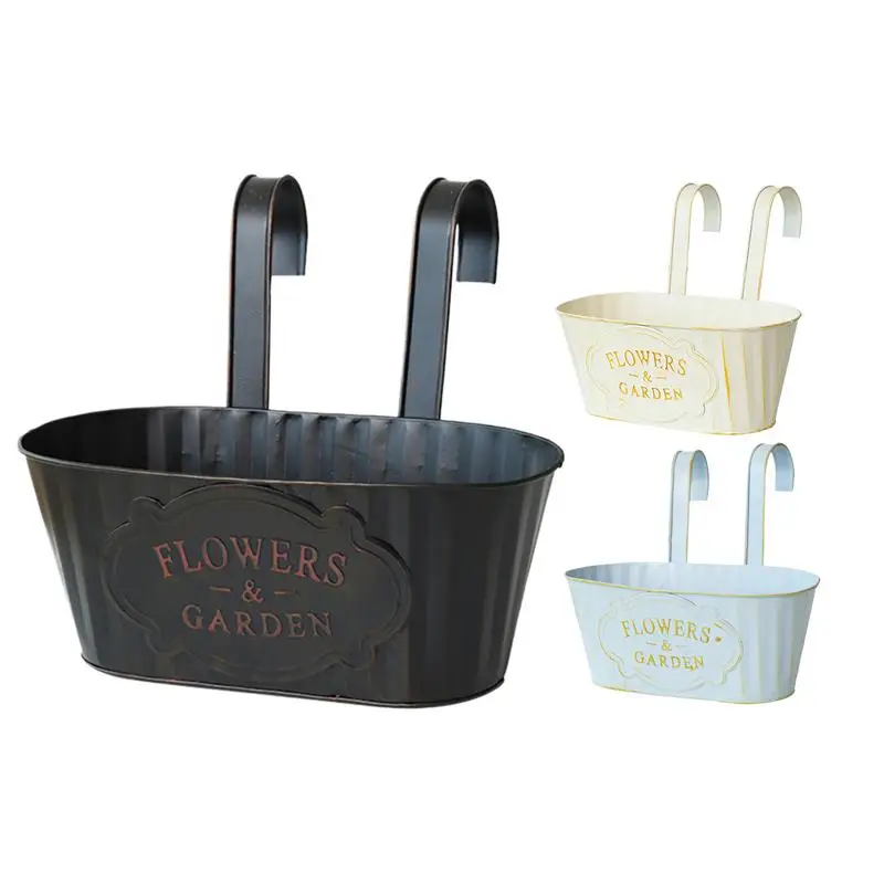 Oval Metal Hanging Flower Pots Hangable Railing Planter Countryside Window Flower Boxes For Garden Yard, Fence Plant Pots