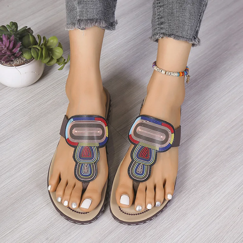 Schuhe Frau 2024 niedrige Hausschuhe flach große Größe Pantofle Gummi Flip Flops neue hawaiian ische Stoff rutschen Huf absätze pu niedrige Schuhe Frau