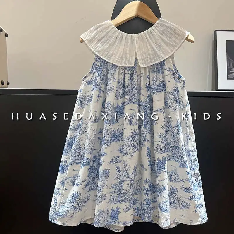 frock for girl dress Retro Lotus Leaf Collar Ink Painting Tank Top Skirt flower baby girl dresses 1 2 4 6 8 9 10 11 kids clothes