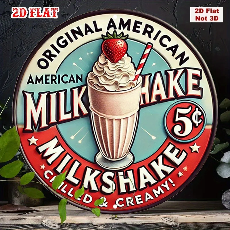 2D-Zeichnung, 1 originales Holzschild aus einem Retro-Restaurant-Milchshake-Shop aus den 1950er Jahren – originelle amerikanische Retro-Rundwanddekoration