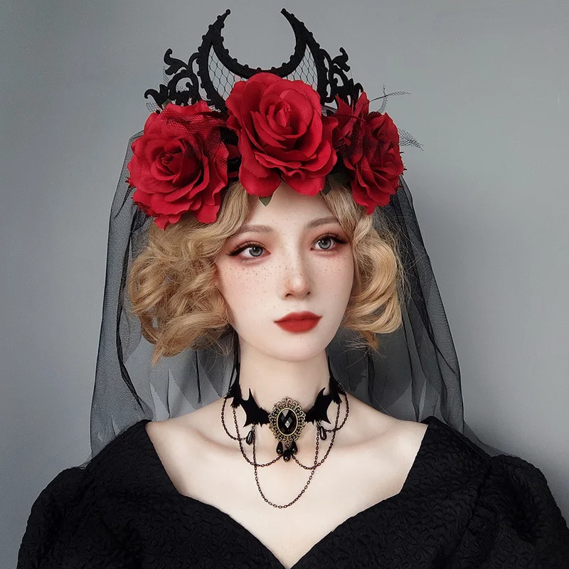 Headdress Witch Cosplay Headdress Masquerade Party Headwear Gothic Tiara Crown Black Red Rose Headband Halloween King Bride