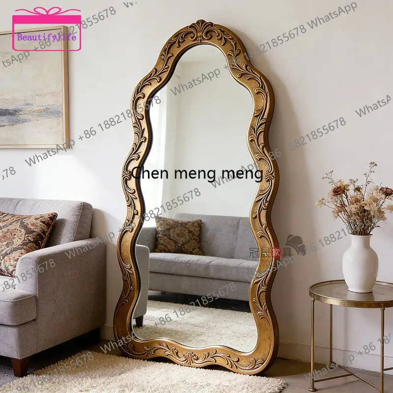 a17 European classical living room floor-to-ceiling full-body mirror home wave carved border full-length mirror retro