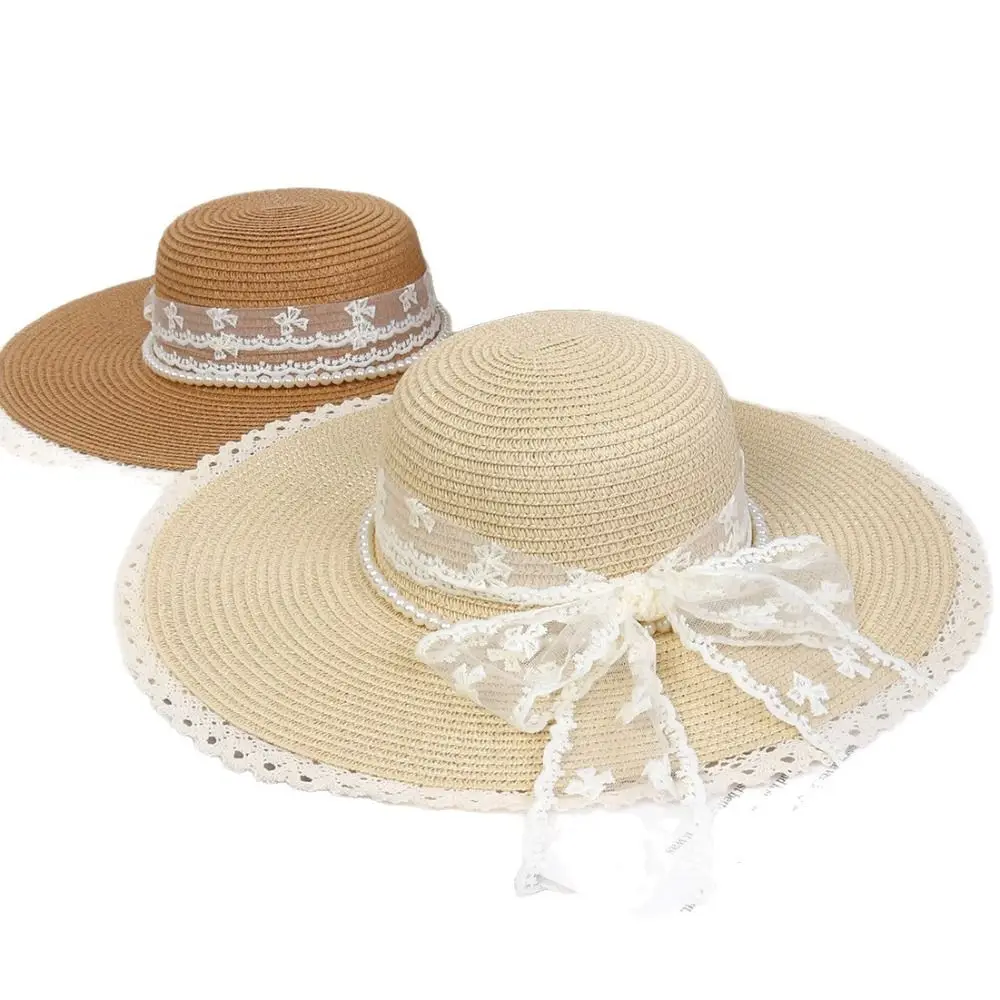 عارضة أنيقة واسعة حافة القش قبعة اللؤلؤ سلسلة الكورية نمط الدانتيل تعادل قبعة الشمس مريحة لارتداء تنفس قبعة الشاطئ الطرف