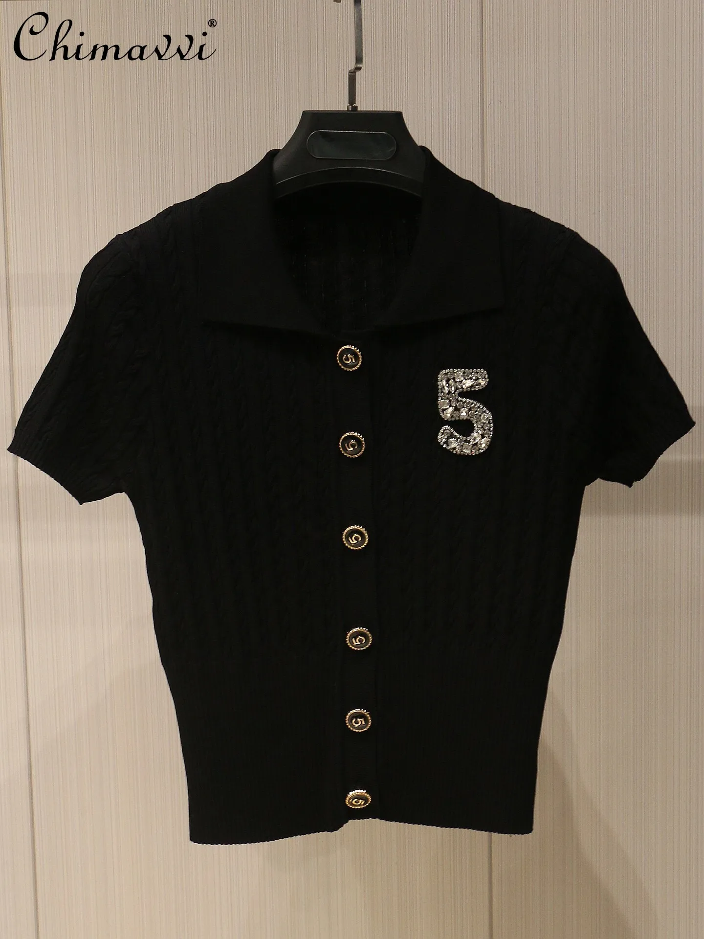 

Новинка: Женский модный кардиган в французском стиле из тонкого трикотажа с отложным воротником, коротким рукавом, украшенный стразами, черный, летний