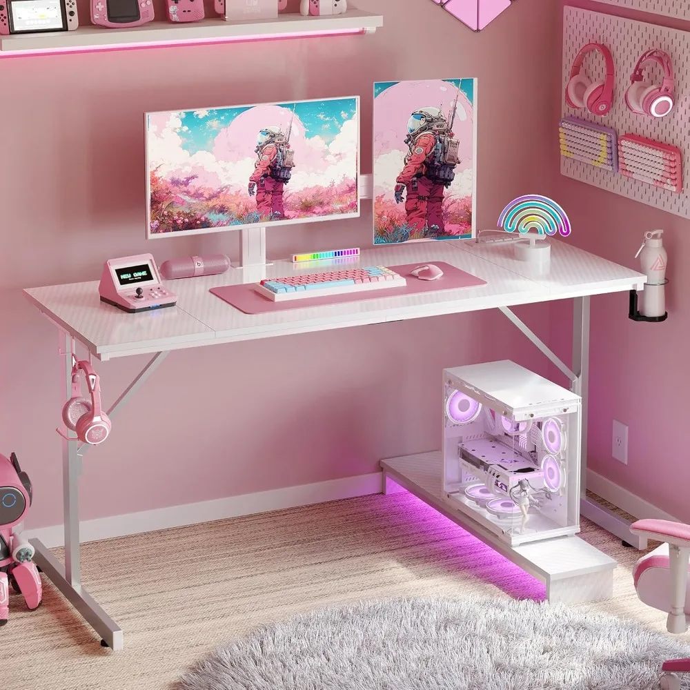 

52 Inch Gaming Desk with Power Outlets and USB Charging Ports, Computer Desk with LED Lights and Monitor Stand, Gamer Desk