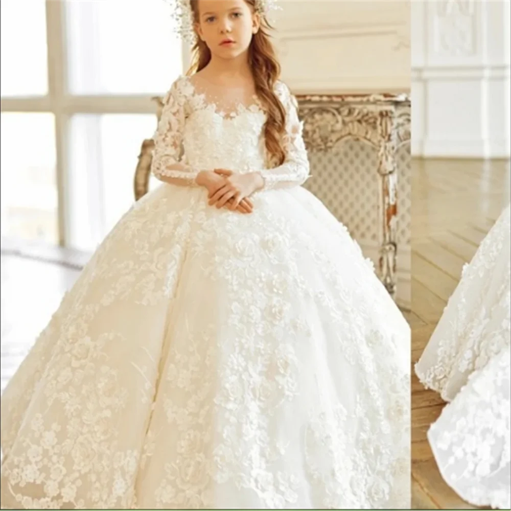 

Ivory Flower Girl Dresses Luxurious Lace Floral Appliques Long Sleeve For Wedding Prom Party Pageant Gowns