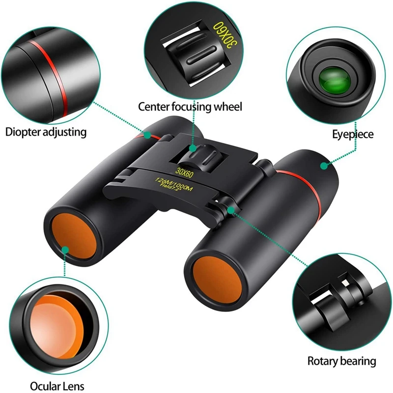 Binocular de bolso portátil preto, Observação de pássaros impermeável, Telescópio dobrável ao ar livre para crianças e adultos, Montanhismo, 1 conjunto