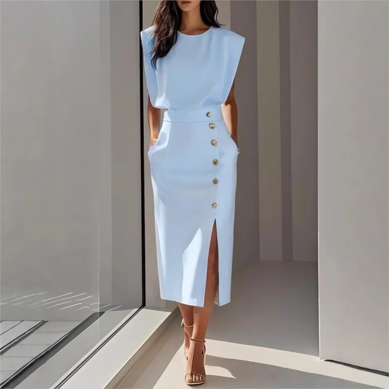 Elegante Ärmellose Sommerkleider für Damen mit Rundhalsausschnitt, Schlanker Taille, Knopfleiste und Schlitz, Casual Büro- und Partykleid in Midi-Länge