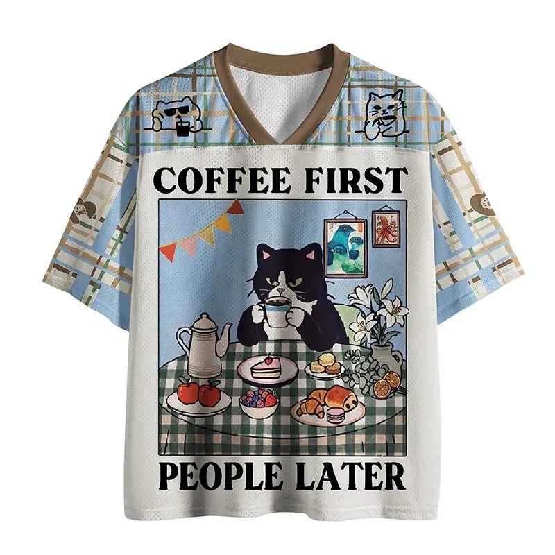 2026 Fun Dining Black Cat Coffee Theme Printed V-neck T-shirt Loose Breathable American Fashion Casual Versatile Short Sleeve