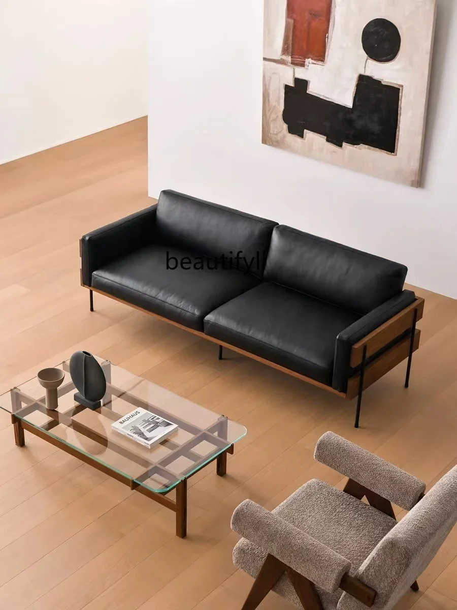 Medieval solid wood Nordic first layer cowhide black leather art double triple straight row sofa