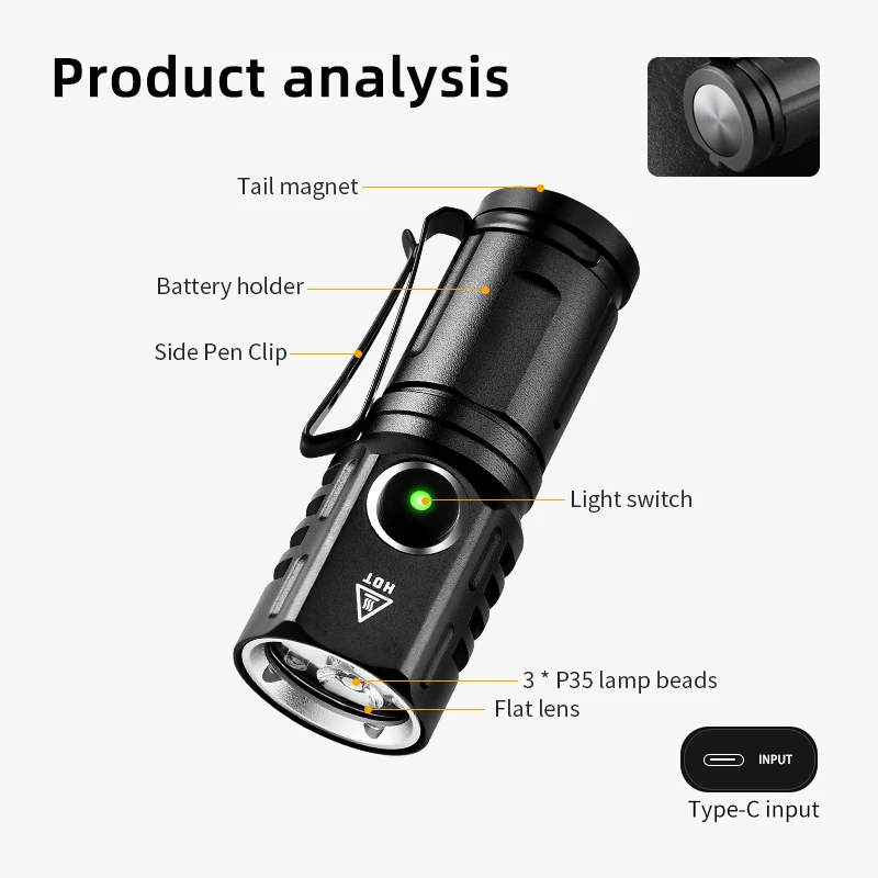 Powerful Portable Mini LED Flashlight 2000LM 3LED Ultra Strong Light 18350 Built-in Battery USB Rechargeable With Magnet Torch