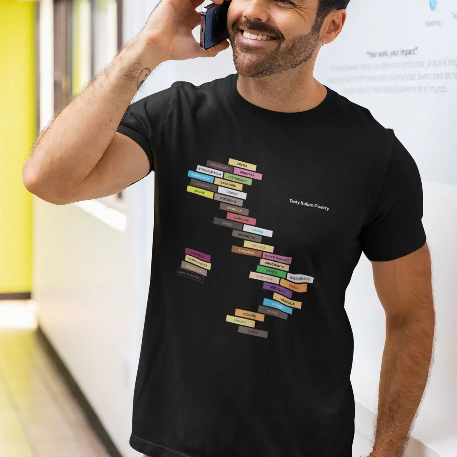 T-shirt aux motifs de saveurs de gelato italien, avec un poème visuel raffiné, style vintage délavé, graphique élégant, confortable pour un usage quotidien