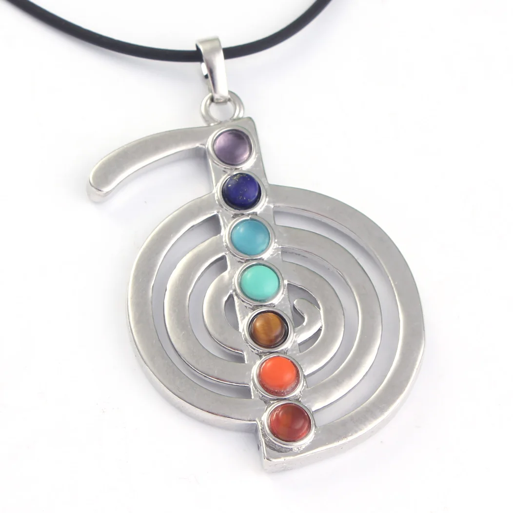Silver Plated Natural Chakra ReiKi Stone Beads Energy Symbol Healing Crystal Balance Chakra Pendant Divination Jewelry No Chain