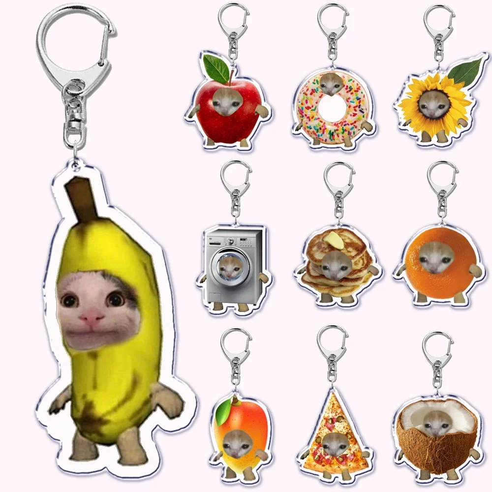 Creative Banana Cat with Heart Keychain for Accessories Bag Pendant Food Fruit Happy Cats Key Chain Ring Keychains Jewelry Gift