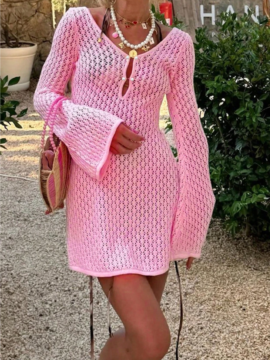 Beach Vacation Casual Long Sleeve Sun Protection Cover Up,Knit Hollow Out Short Dress,Fitted Plain Style,Spring & Fall Fashion