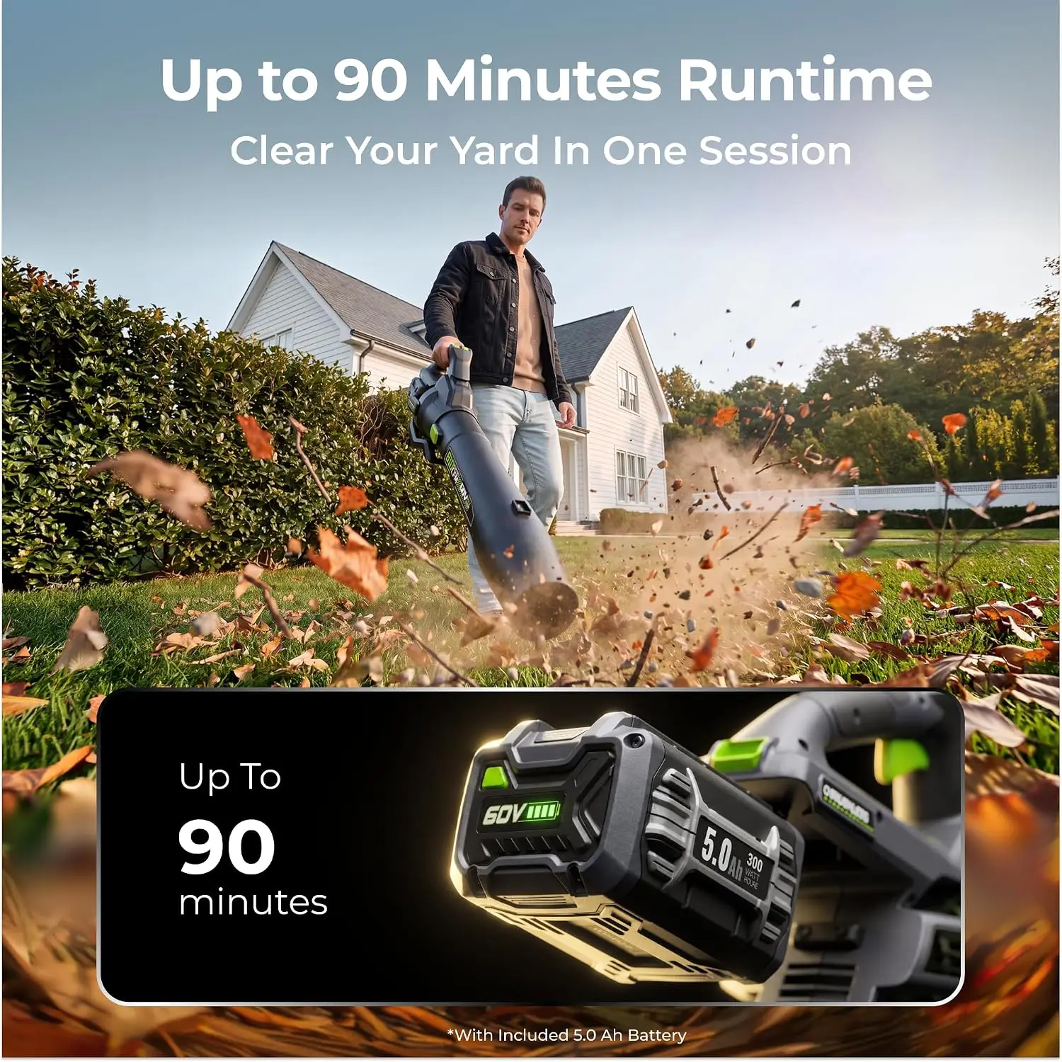 60V Cordless Leaf Blower with 5.0Ah Battery and Charger, 810 CFM 190 MPH Turbo, Brushless Motor, Variable Speed Dial, Lightweigh