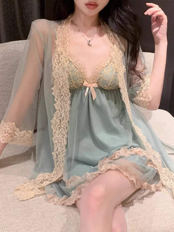 2025 New Sweet Lace Deep V Ne Padded Brtte Che Robe Set Women's Home Clothes Set Sexy Sle Four Seasons Universal