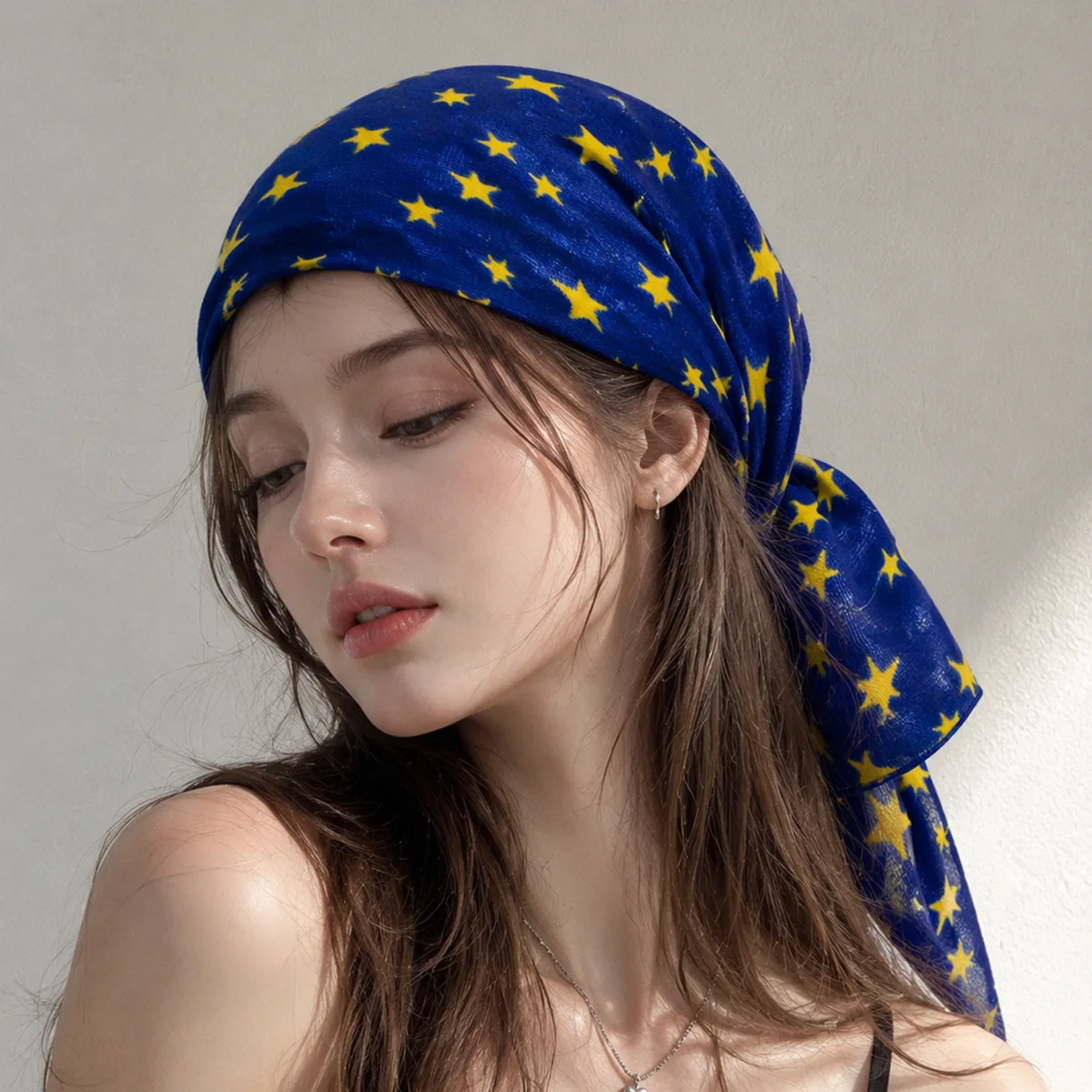 Square Scarf Blue Star American Millennium Sweet Cool Streetwear Polyester Lightweight Medium Women Bandeau Head Wrap Hair Tie