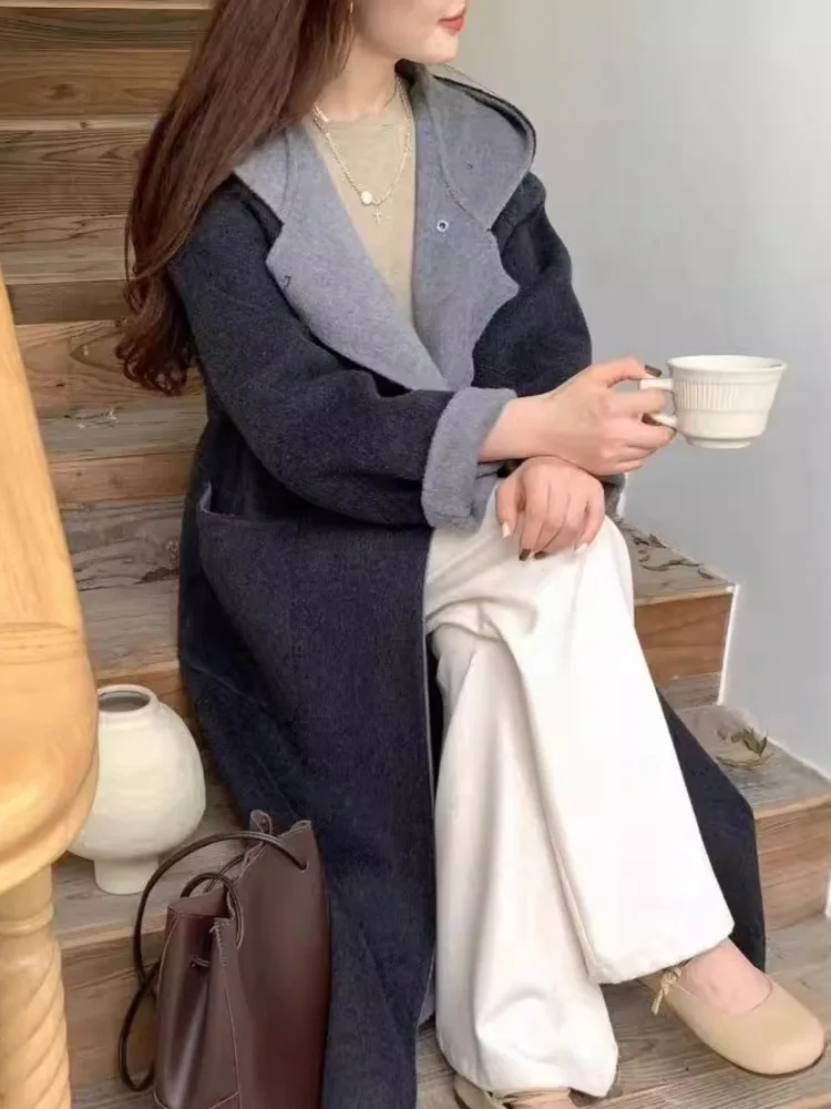 [EWQ] Korean Style Hooded Double-sided Different Color Woolen Coat All-match Loose Women Winter Overcoat 2024 Autumn New 16O2794