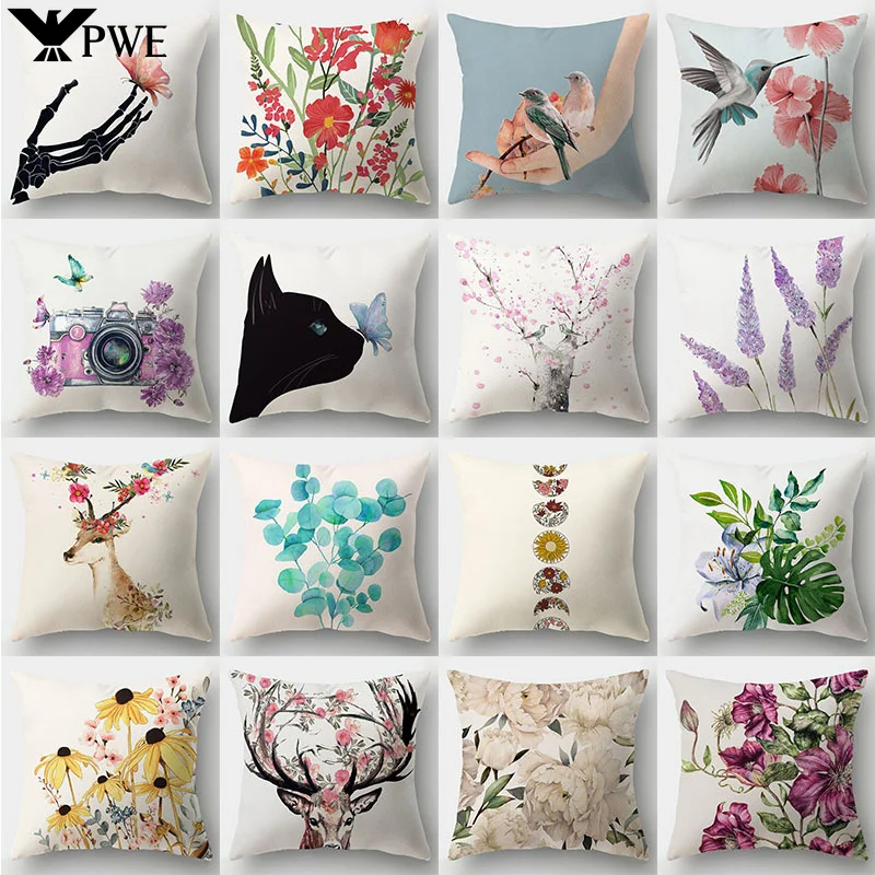 45x45cm Deer Animal Pillow Cases Natural Leaves Flower Landscape Cushion Cover  Pillowslip Sofa Home Decoration