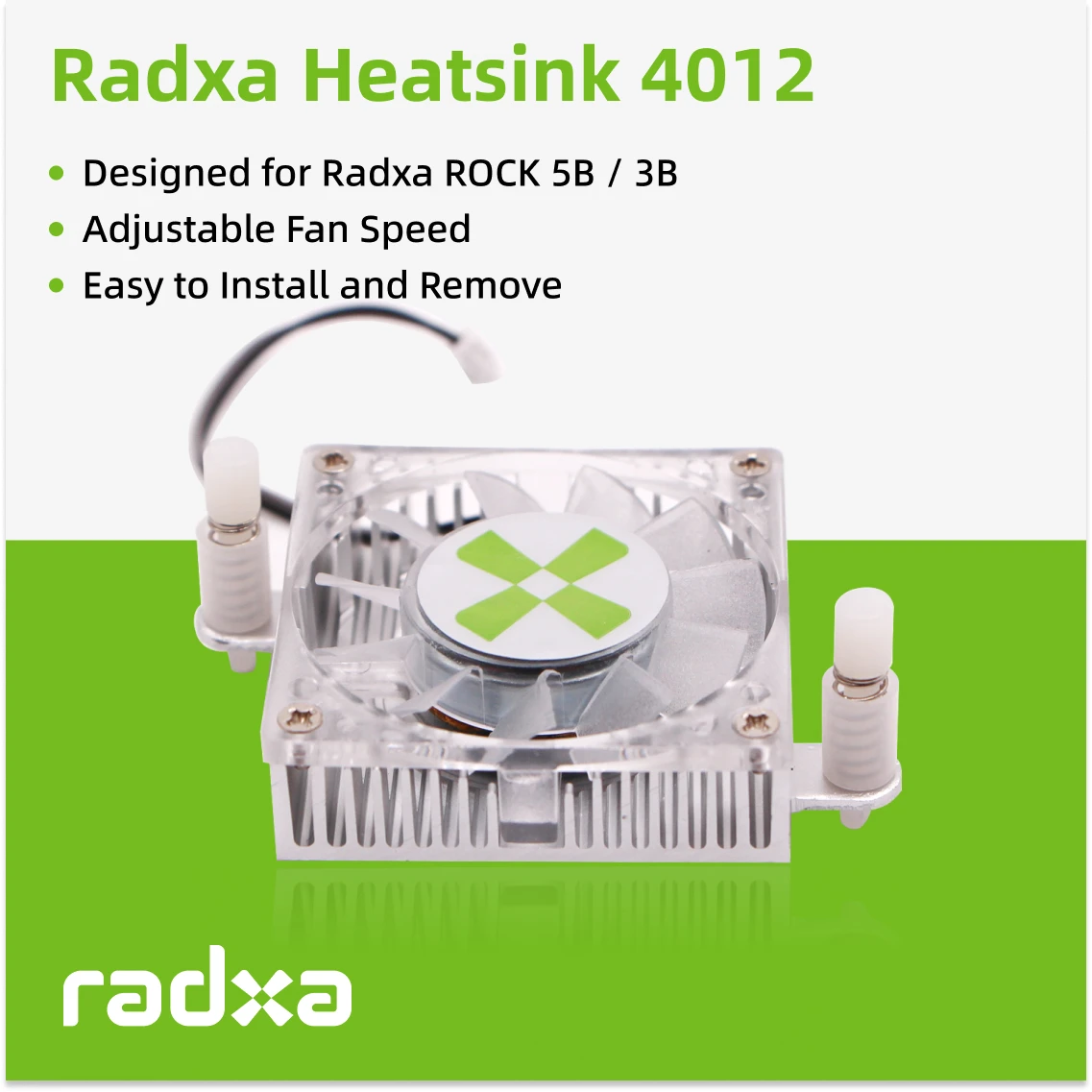 Radxa Heatsink 4012 forCompatible with ROCK 3B/5B/5B+/5T , Adjustable Fan Speed, Easy to Install and Remove.
