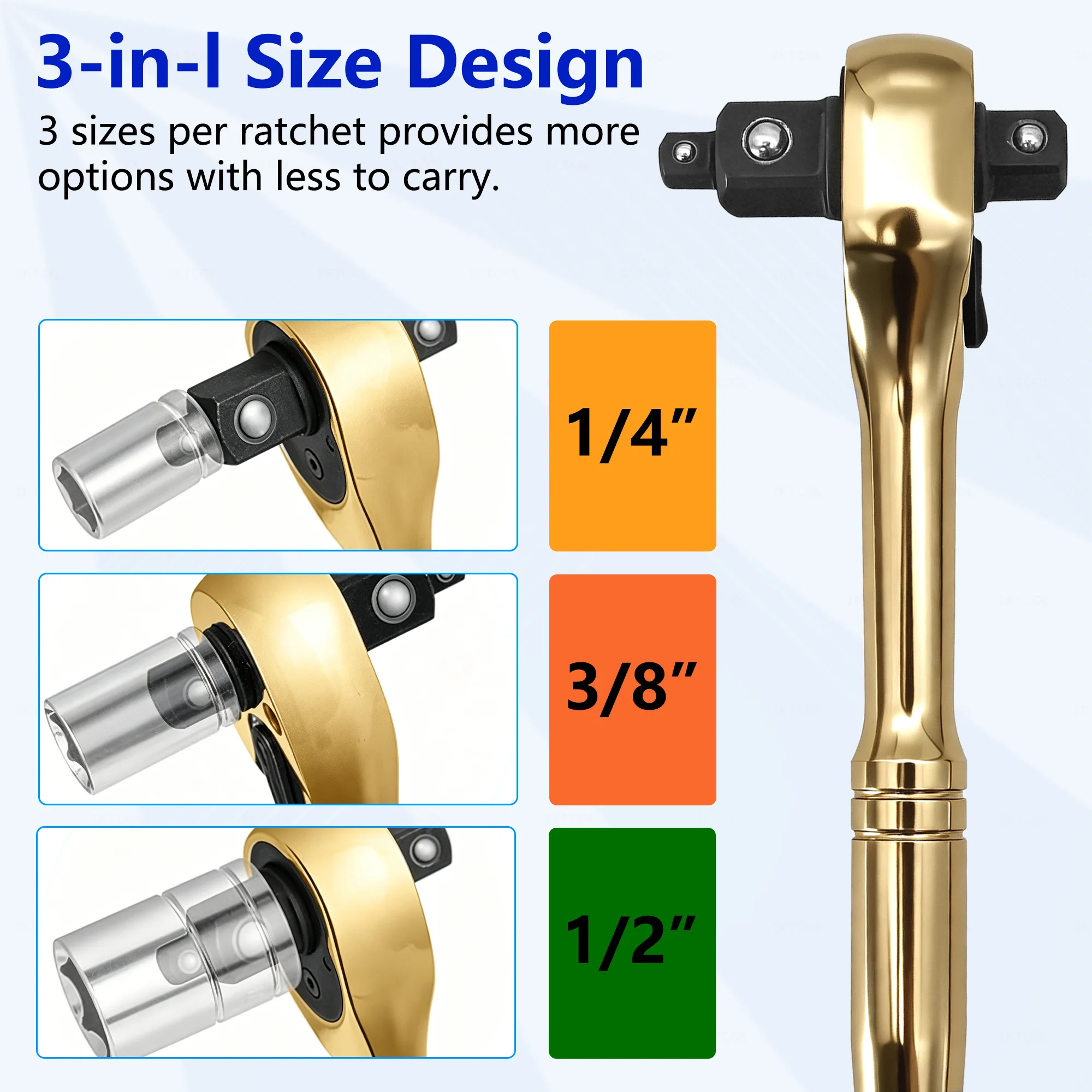 Gold 3 in 1 Ratchet Wrench 72 Tooth Reversible Double Headed Wrench 1/4