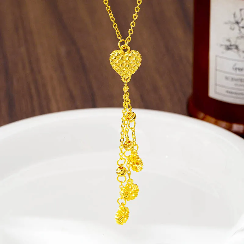 Luxury 24K 9999 Pure Gold real gold Women's check love clavicle chain flower tassel necklace