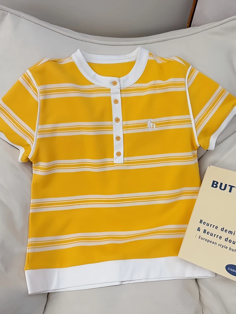 

Pure Cotton Yellow Striped Embroidered Short Sleeve T-Shirt Women's Summer New Ageless High-End Feel Half Sleeve Top